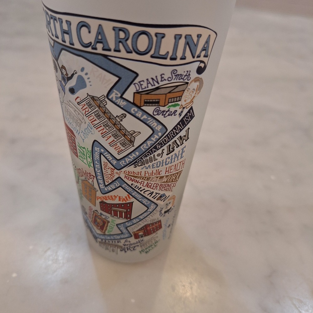 UNC Tar Heels Collegiate‎ Tumbler Glass Blue White Map Print Cup